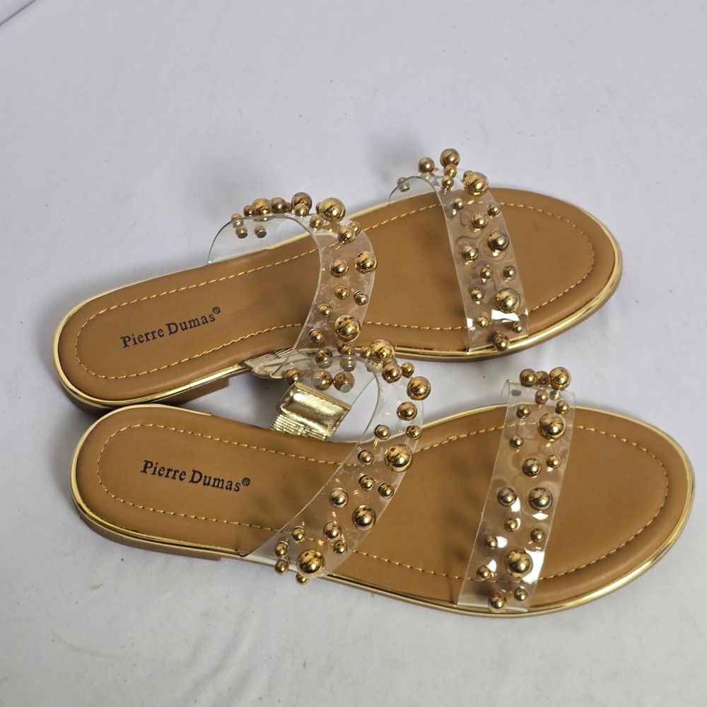 Pierre Dumas Sense-2 Gold Studded Clear Strap Slide Sandals Womens 9 - Picture 2 of 6